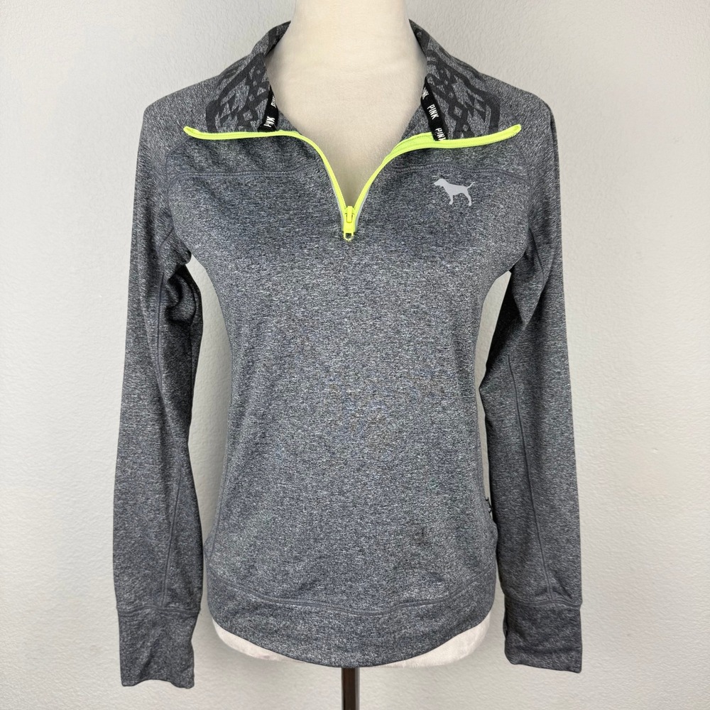 Victoria's Secret PINK Quarter Zip Pullover Active Gray Neon Yellow Size Small